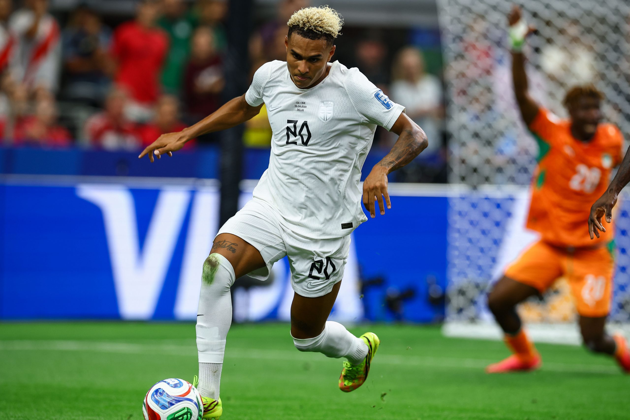 Antonio Nusa (20) bursts upfield. Norway vs Côte d'Ivoire, 2026 World Cup, Dallas Stadium, June 27, 2026. (Matt Visinsky, 3rd Degree)