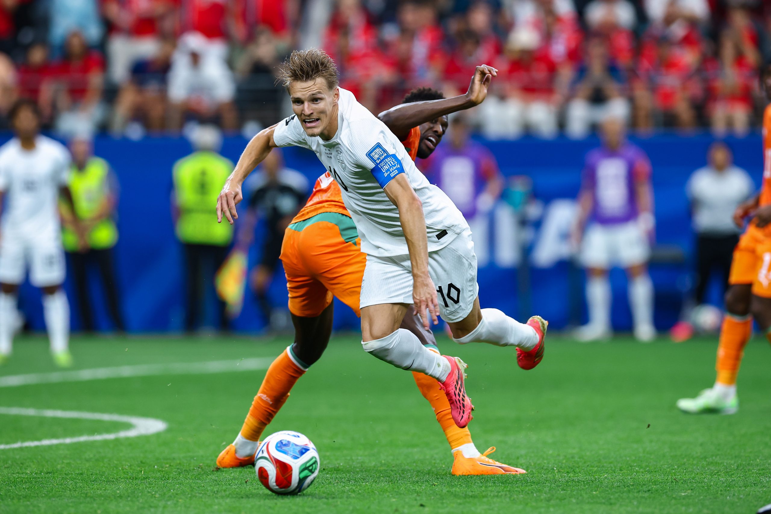 Martin Ødegaard (10) is brought down. Norway vs Côte d'Ivoire, 2026 World Cup, Dallas Stadium, June 27, 2026. (Matt Visinsky, 3rd Degree)
