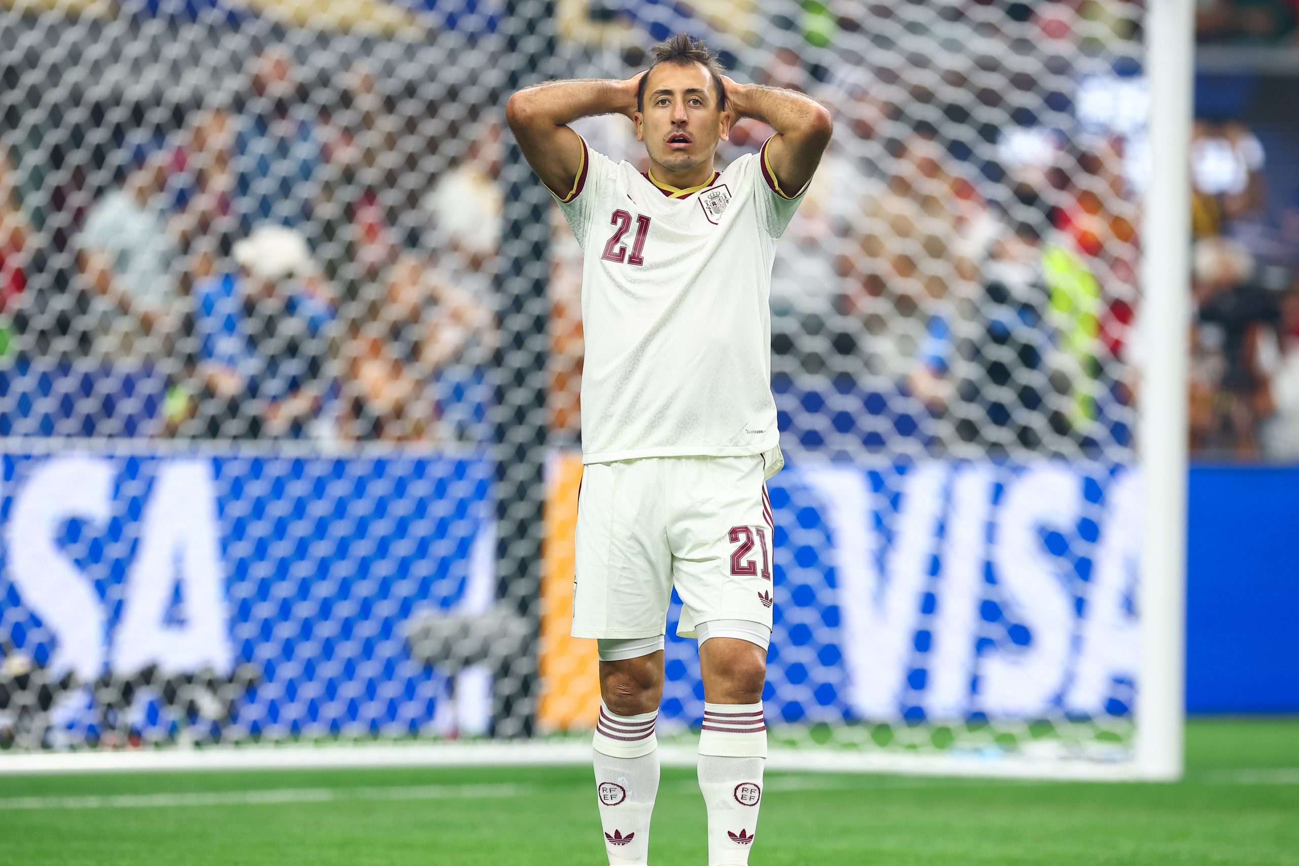 Mikel Oyarzabal (21) can't believe it. Portugal vs Spain, 2026 World Cup, Dallas Stadium, June 27, 2026. (Matt Visinsky, 3rd Degree)