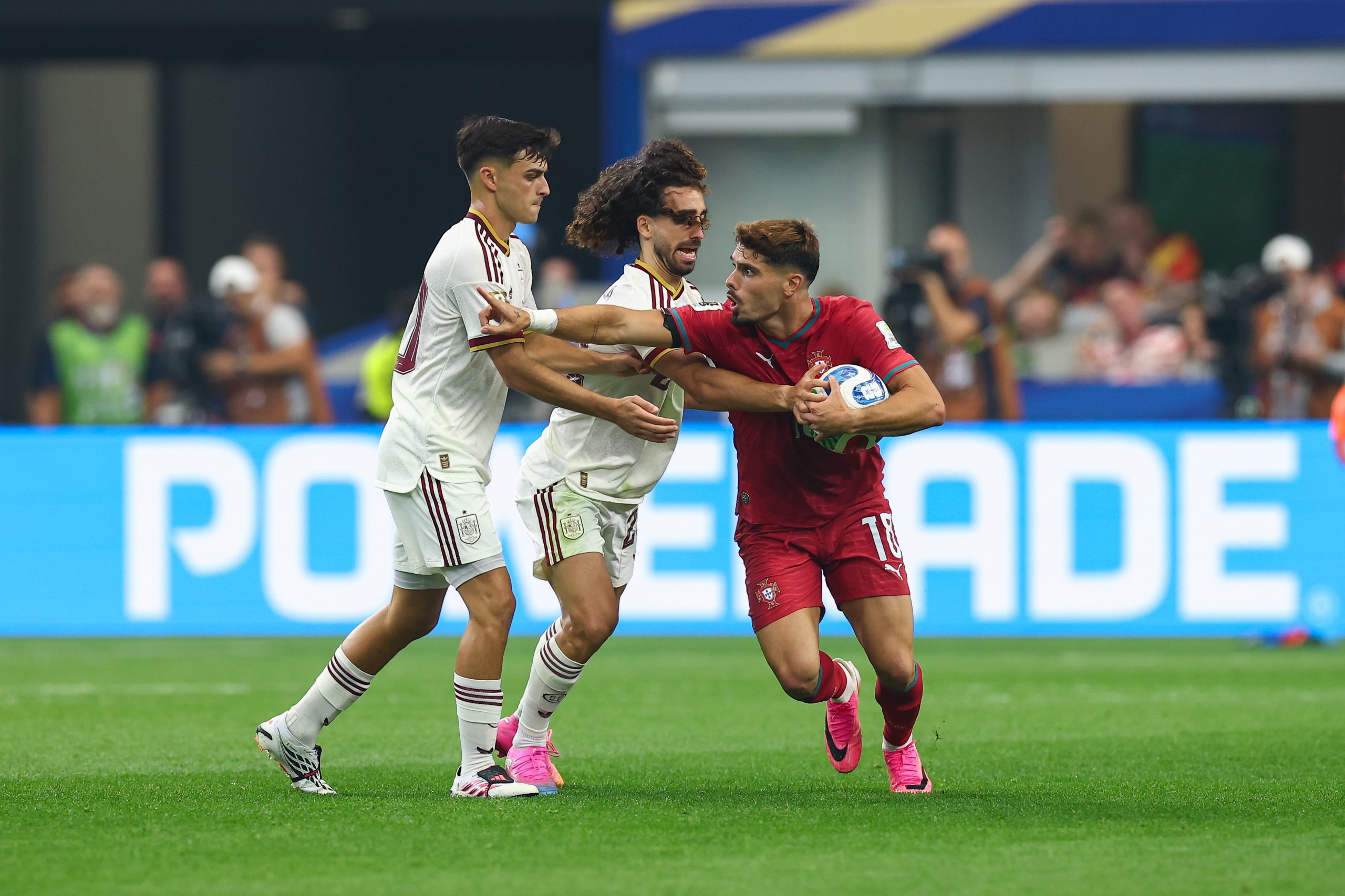 A game of "football" breaks out at the World Cup. Portugal vs Spain, 2026 World Cup, Dallas Stadium, June 27, 2026. (Matt Visinsky, 3rd Degree)