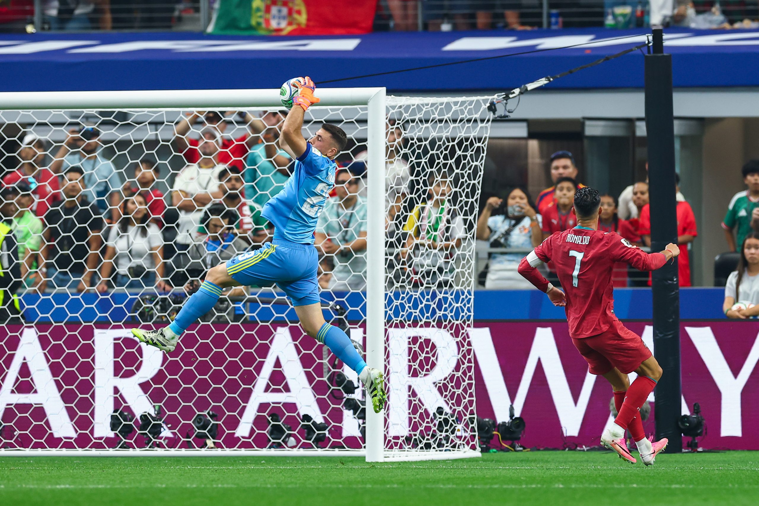 Unai Simón (23) keeps the ball from reaching Cristiano Ronaldo (7). Portugal vs Spain, 2026 World Cup, Dallas Stadium, June 27, 2026. (Matt Visinsky, 3rd Degree)