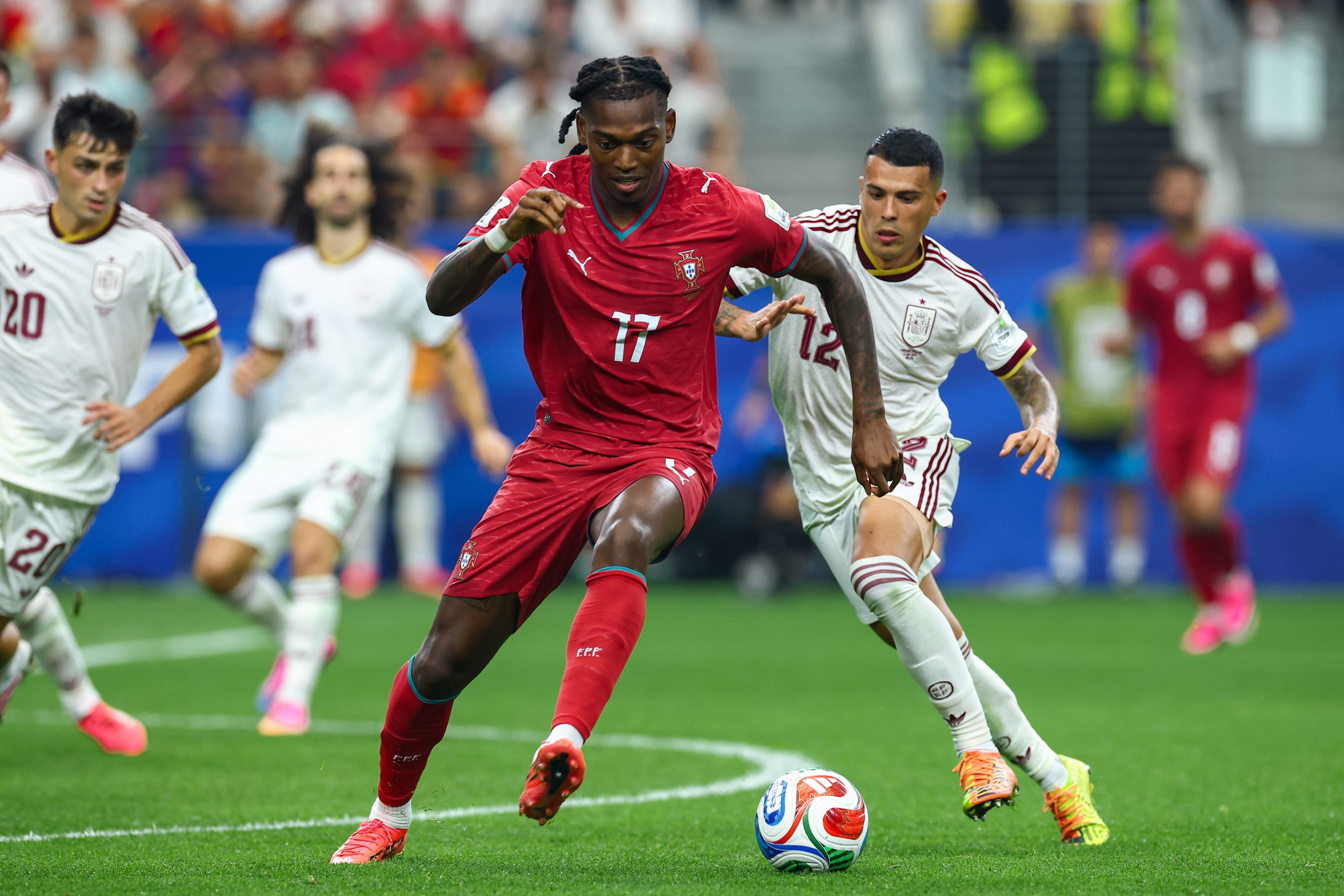 Rafael Leão (17) escapes Pedro Porro (12). Portugal vs Spain, 2026 World Cup, Dallas Stadium, June 27, 2026. (Matt Visinsky, 3rd Degree)