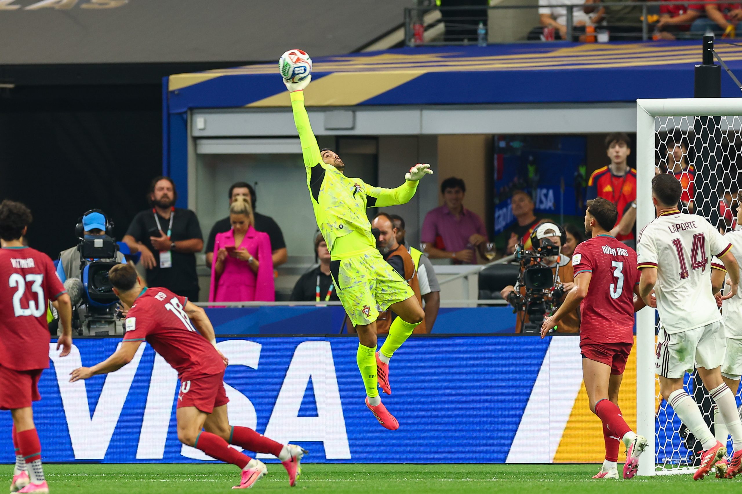 Diogo Costa (1) rises up for the ball. Portugal vs Spain, 2026 World Cup, Dallas Stadium, June 27, 2026. (Matt Visinsky, 3rd Degree)
