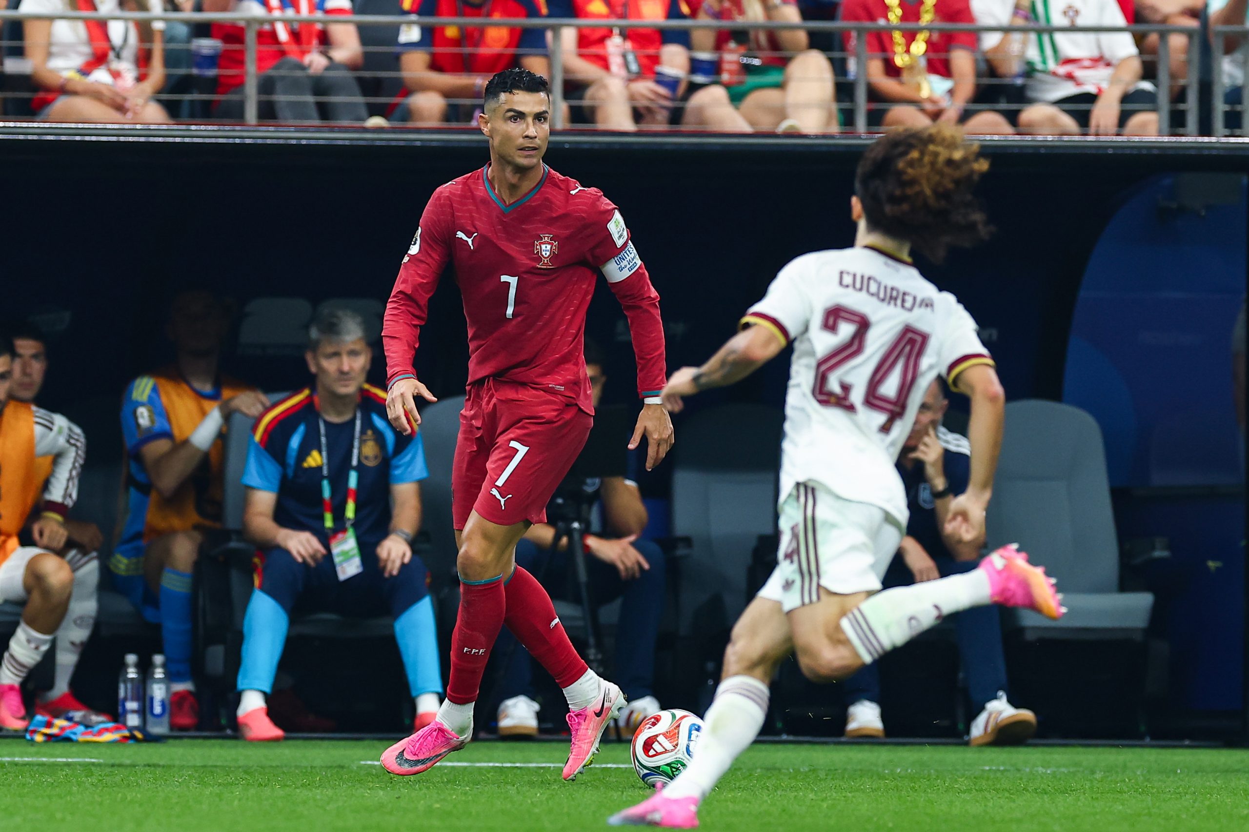 Cristiano Ronaldo (7) sizes up Marc Cucurella (24). Portugal vs Spain, 2026 World Cup, Dallas Stadium, June 27, 2026. (Matt Visinsky, 3rd Degree)