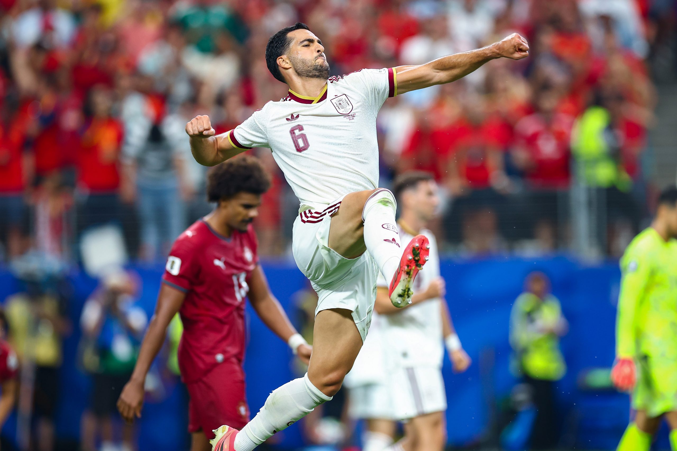 Mikel Merino (6) celebrates his goal for Spain. Portugal vs Spain, 2026 World Cup, Dallas Stadium, June 27, 2026. (Matt Visinsky, 3rd Degree)