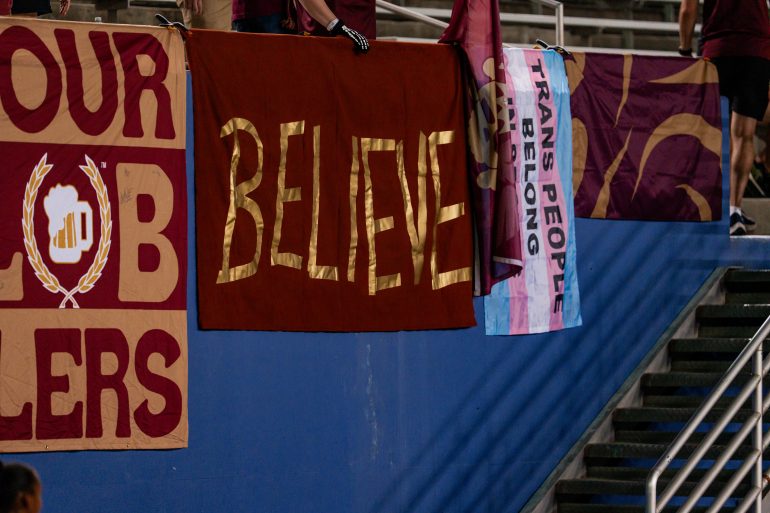 'BELIEVE' Supporters' flags and tifo – Carolina Ascent at Dallas Trinity – August 22, 2026 (Photo: Anna Dolmany Courtesy: Dallas Trinity FC)
