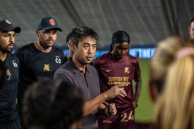 Manager Lee Nguyen addresses his team after the loss – Carolina Ascent at Dallas Trinity – August 22, 2026 (Photo: Christian Luna Courtesy: Dallas Trinity FC)