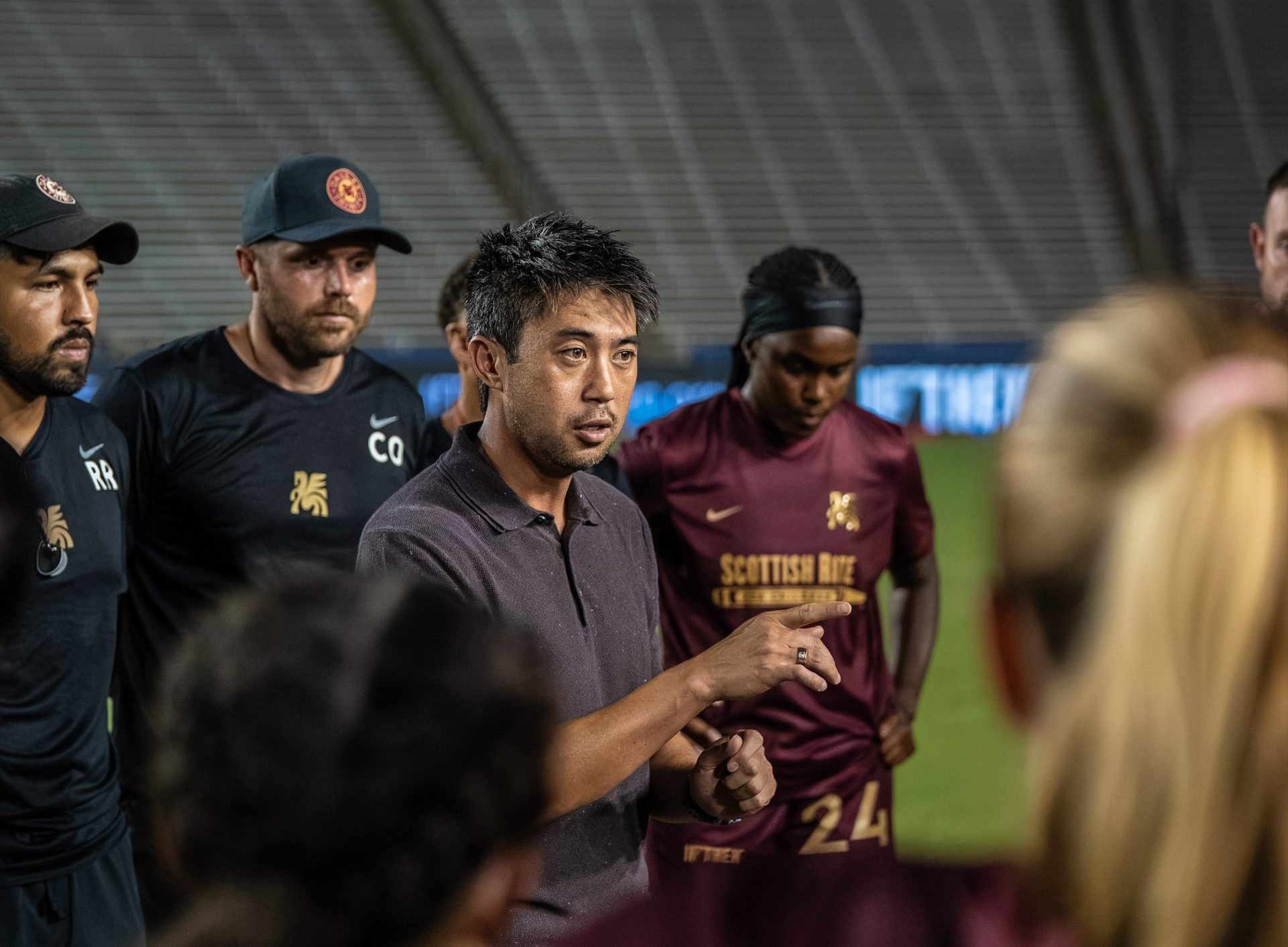 Manager Lee Nguyen addresses his team after the loss – Carolina Ascent at Dallas Trinity – August 22, 2026 (Photo: Christian Luna Courtesy: Dallas Trinity FC)