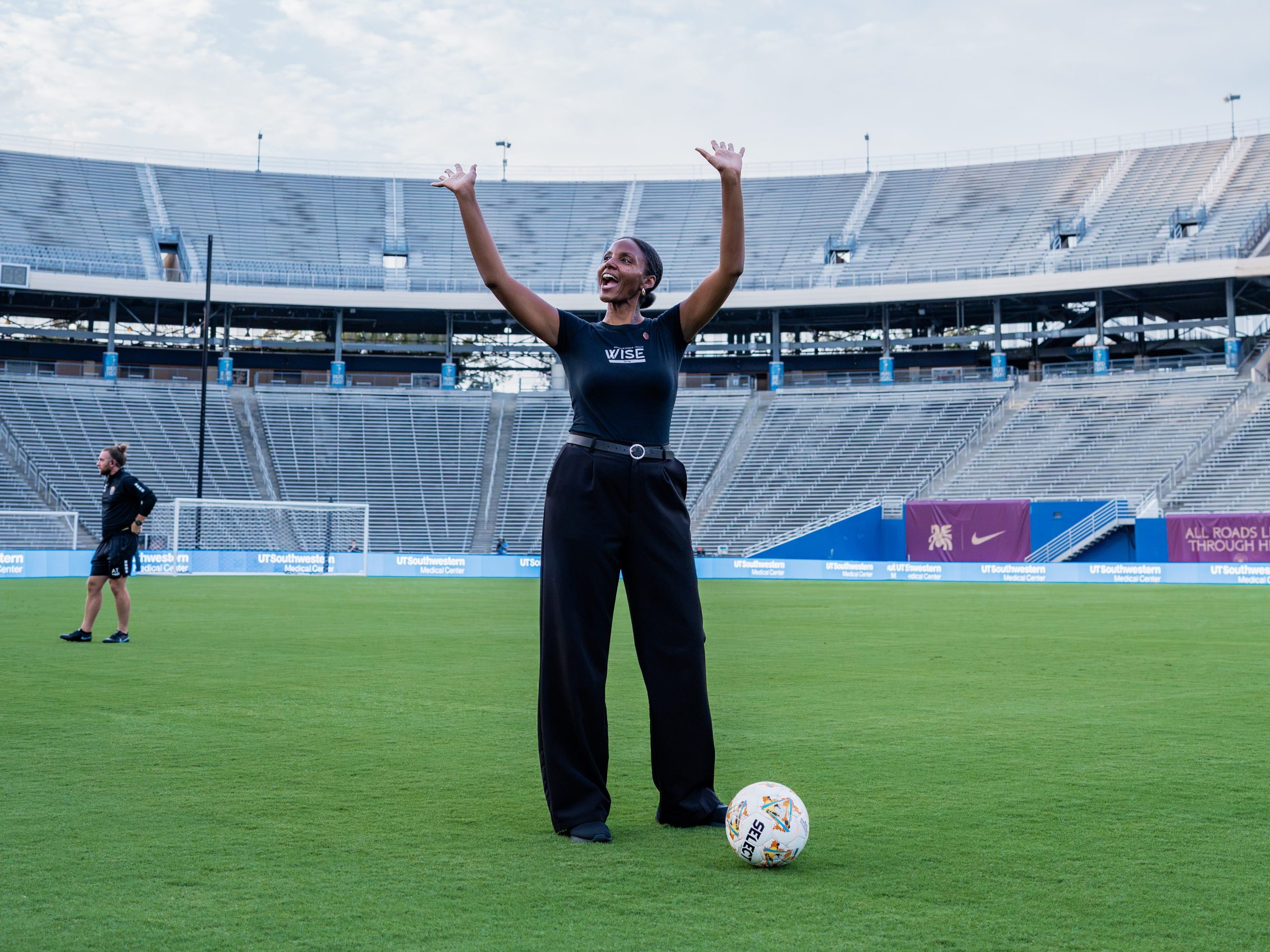 WISE DFW Chapter President Angela Lewis on the field at Cotton Bowl Stadium (Photo courtesy: Dallas Trinity FC)