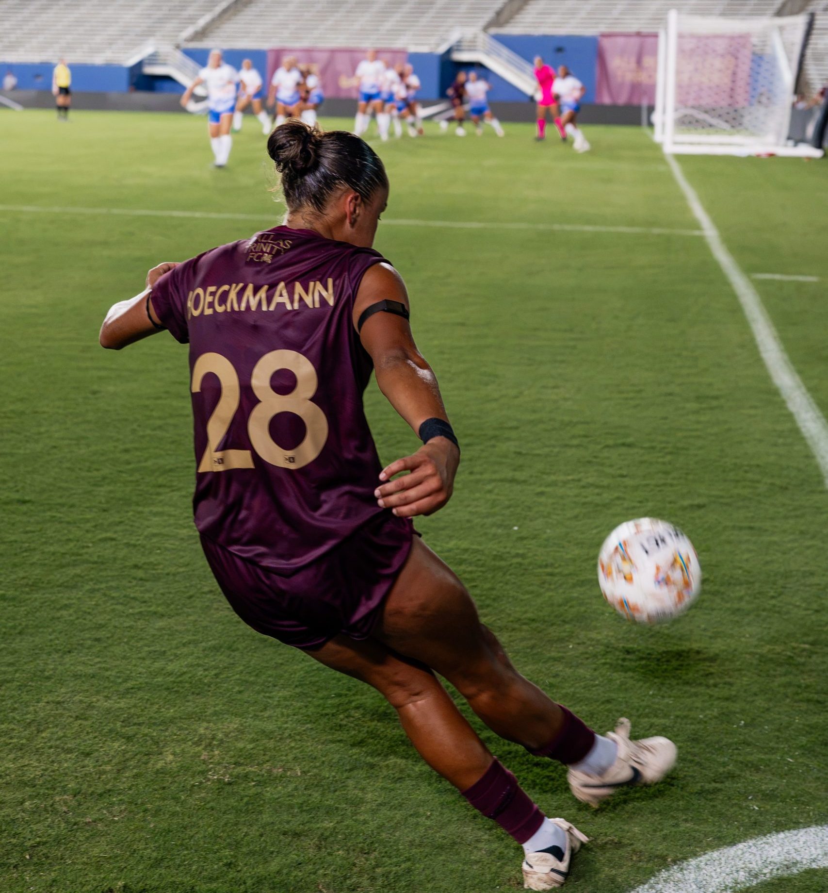 Carissa Boeckman takes a corner kick - Carolina Ascent at Dallas Trinity - August 22, 2026 (Courtesy Dallas Trinity FC)