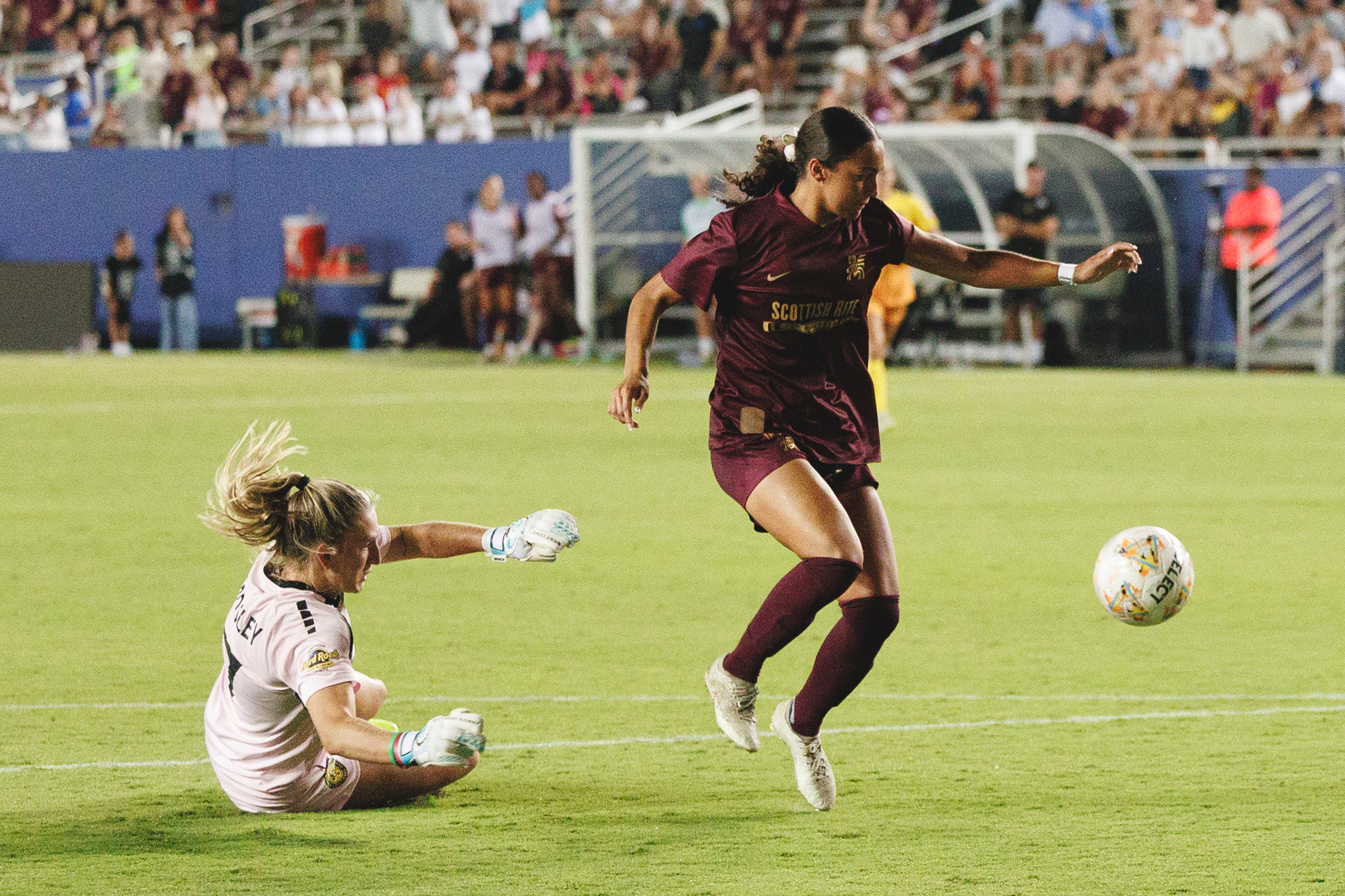 Seven Castain (30) of Dallas Trinity, having rounded the keeper, takes her time and scores her first USL Super League goal, Tampa Bay Sun at Dallas Trinity, Cotton Bowl Stadium, August 15, 2026 (Cort Letcher, 3rd Degree)