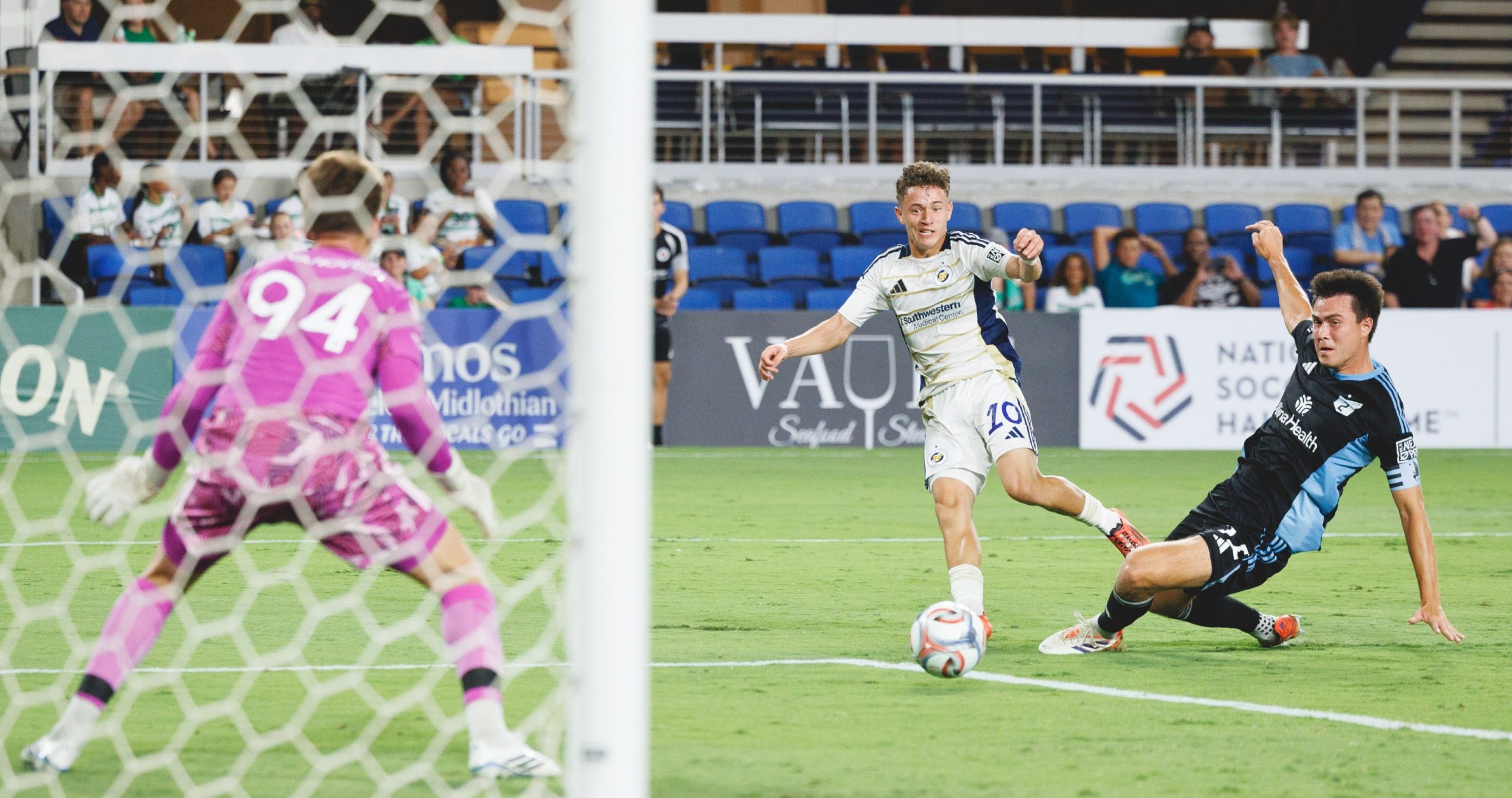 Edu Nys (10) shoots toward the back post. North Texas SC vs Minnesota United FC 2, August 22, 2026. (Cort Letcher, 3rd Degree)