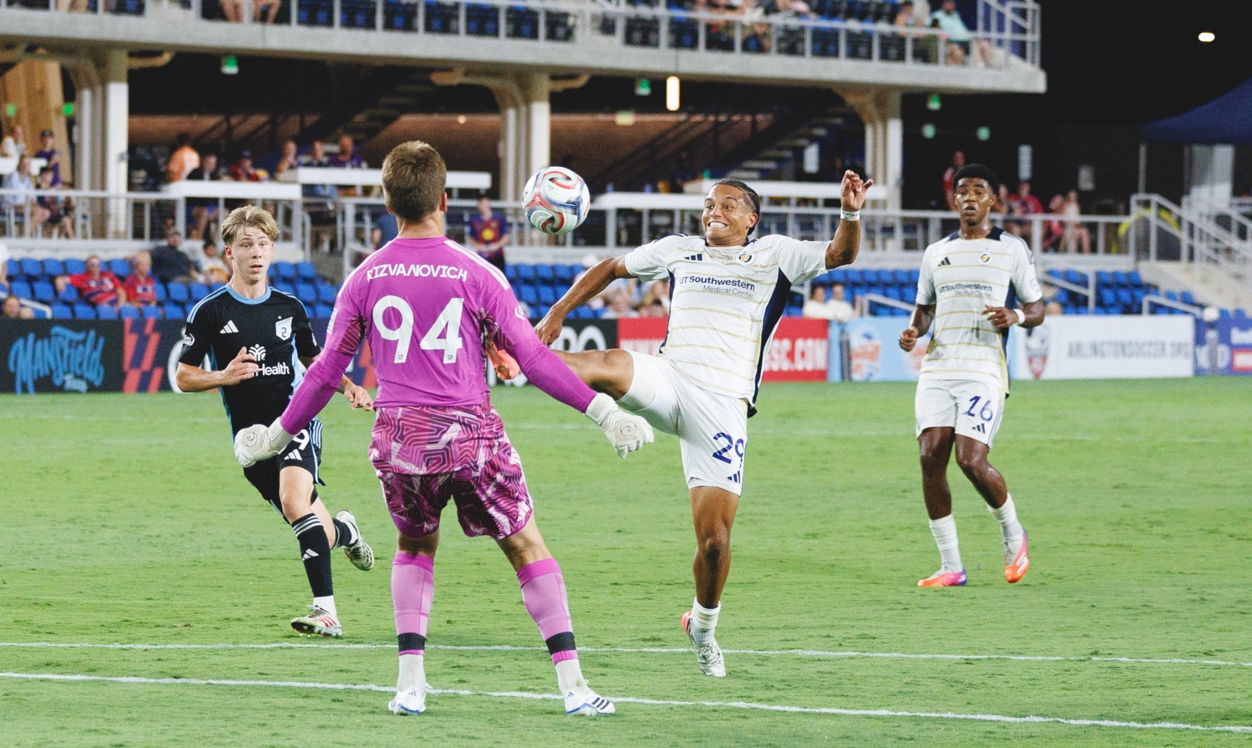 Enzo Newman (29) tries to chip the keeper. North Texas SC vs Minnesota United FC 2, August 22, 2026. (Cort Letcher, 3rd Degree)