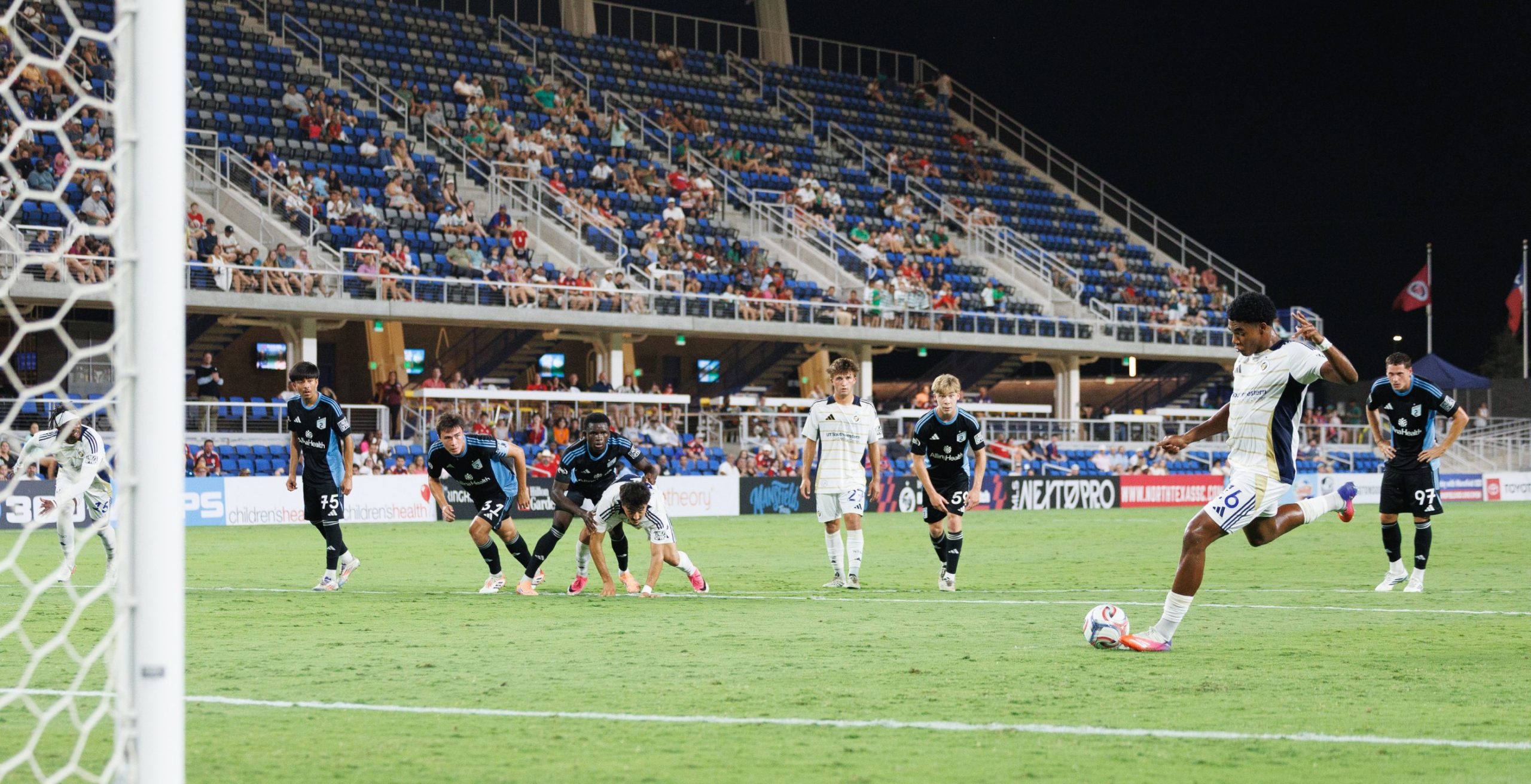 Nic Simmonds (16) takes a PK. North Texas SC vs Minnesota United FC 2, August 22, 2026. (Cort Letcher, 3rd Degree)