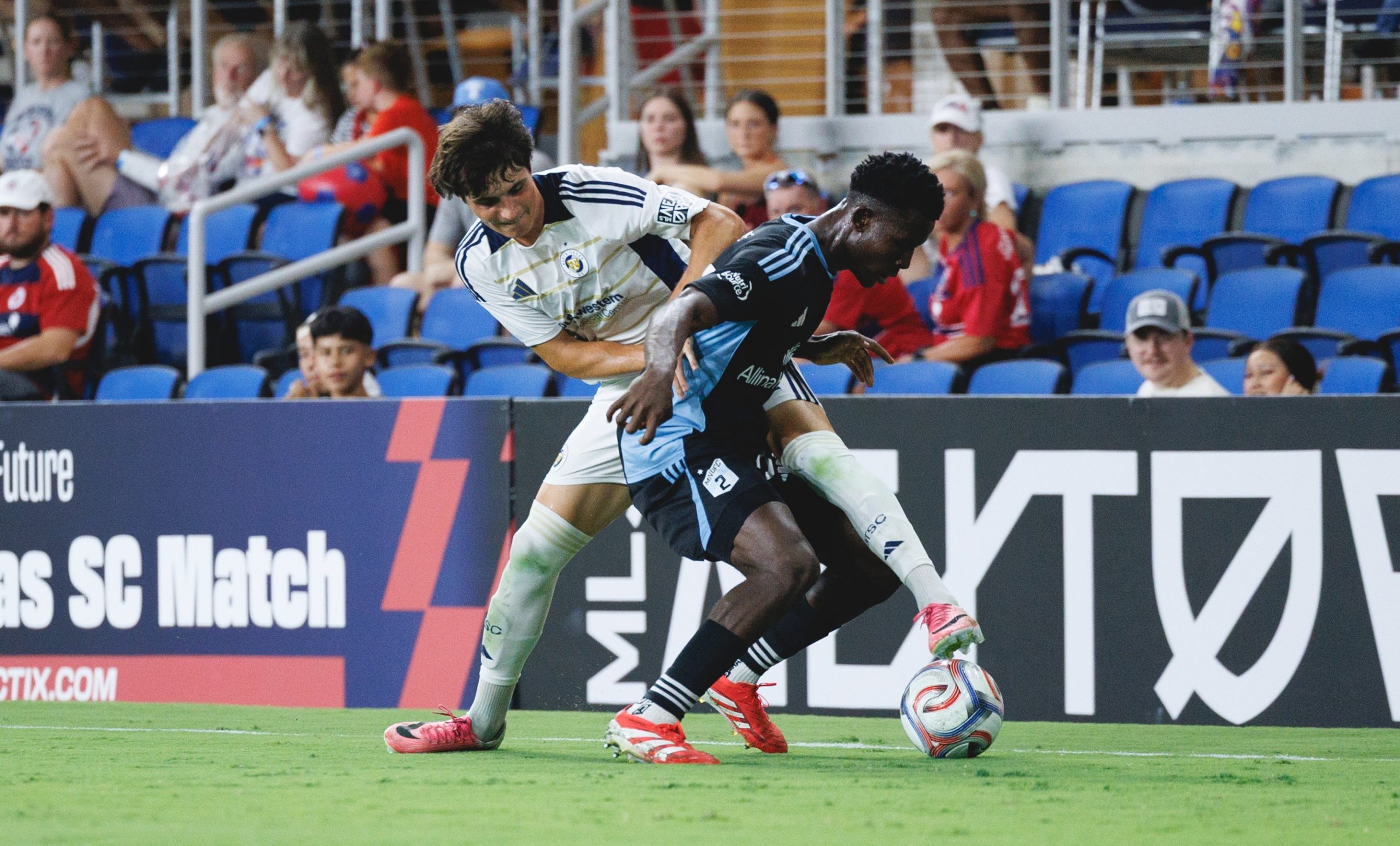 Daniel Baran (36) tries to take the ball off a defender. North Texas SC vs Minnesota United FC 2, August 22, 2026. (Cort Letcher, 3rd Degree)