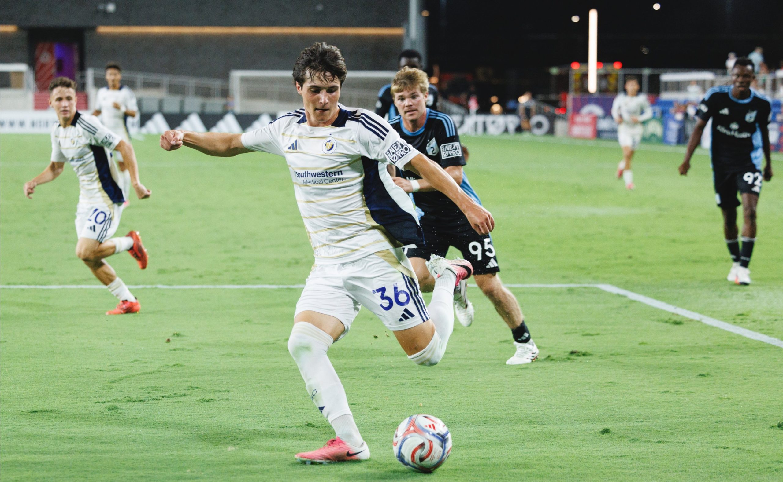 Daniel Baran (36) shoots on goal. North Texas SC vs Minnesota United FC 2, August 22, 2026. (Cort Letcher, 3rd Degree)