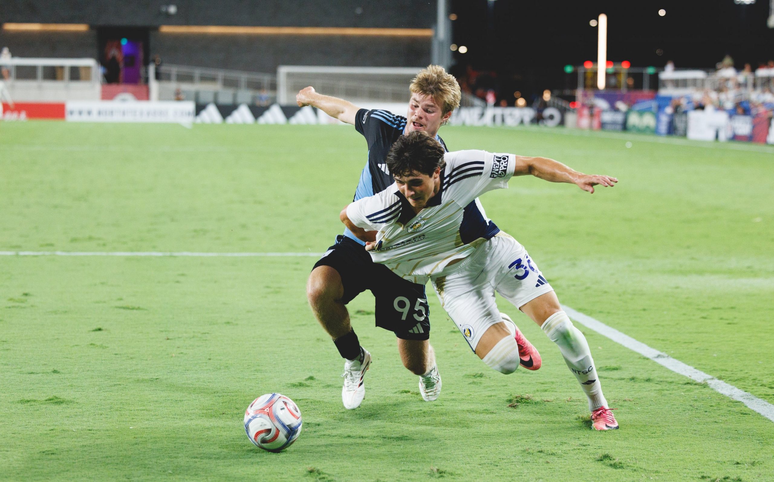 Daniel Baran (36) is dragged down in the box. North Texas SC vs Minnesota United FC 2, August 22, 2026. (Cort Letcher, 3rd Degree)