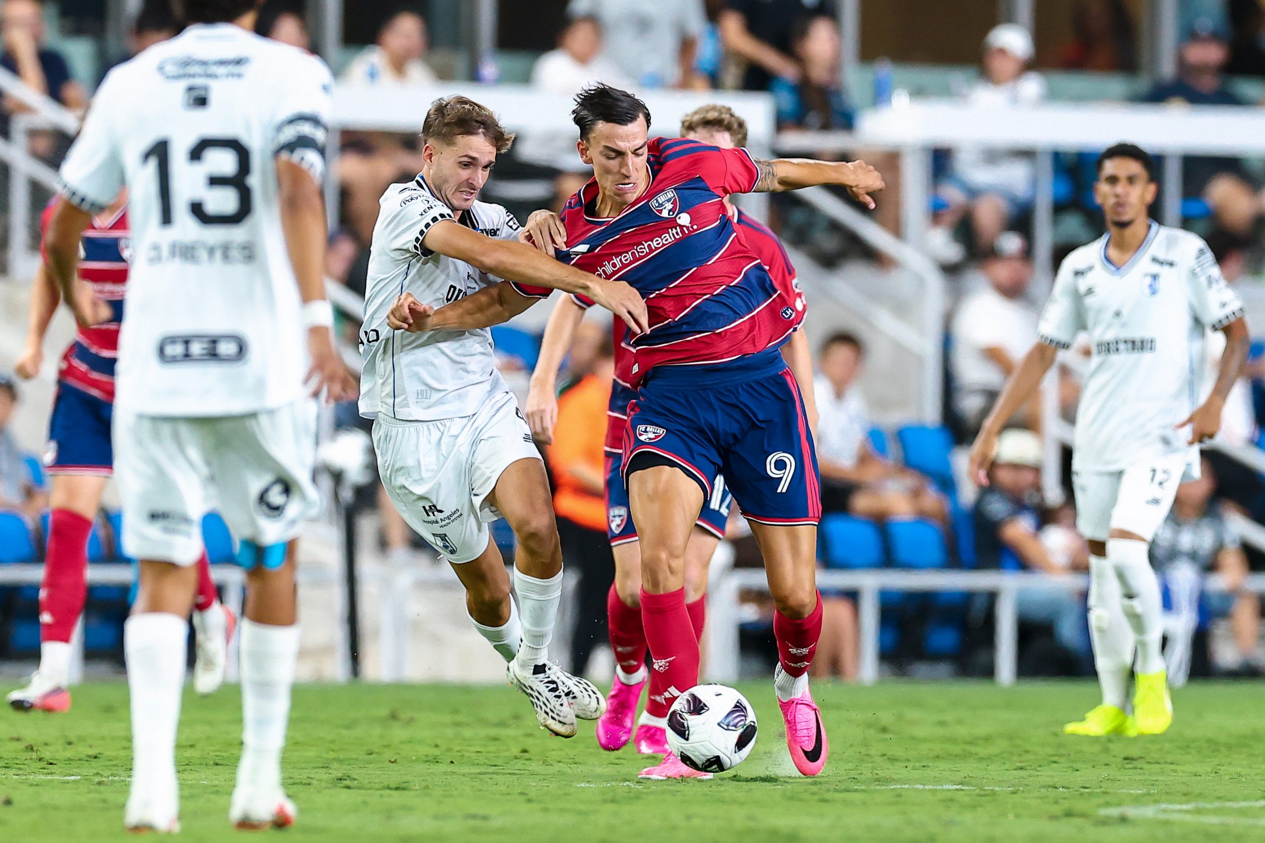 Petar Musa (9) holds off a defender against Querétaro FC in Leagues Cup Game One, August 5, 2026. (Matt Visinsky, 3rd Degree)