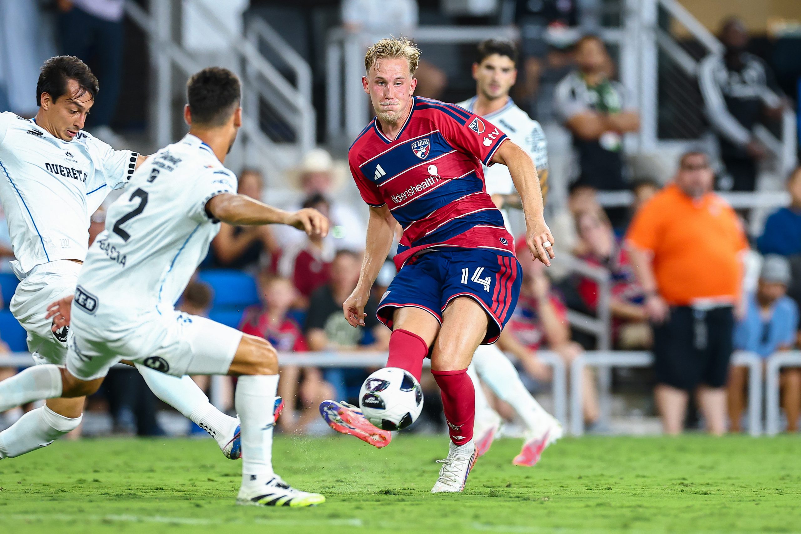 Herman Johansson (14) plays a cross against Querétaro FC in Leagues Cup Game One, August 5, 2026. (Matt Visinsky, 3rd Degree)