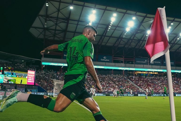 Besard Šabović takes a corner against FC Dallas, Sept 19, 2026. (Courtesy Austin FC)