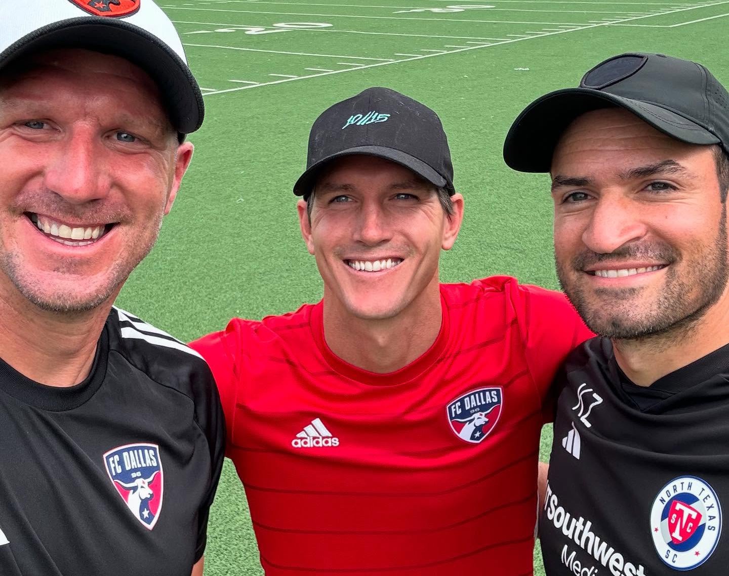 Zach Loyd (middle in red) coaching the FC Dallas U23s in 2026, seen here with Kenny Cooper (left) and Kyle Zobeck (right).  (Pic courtesy Kenny Cooper)