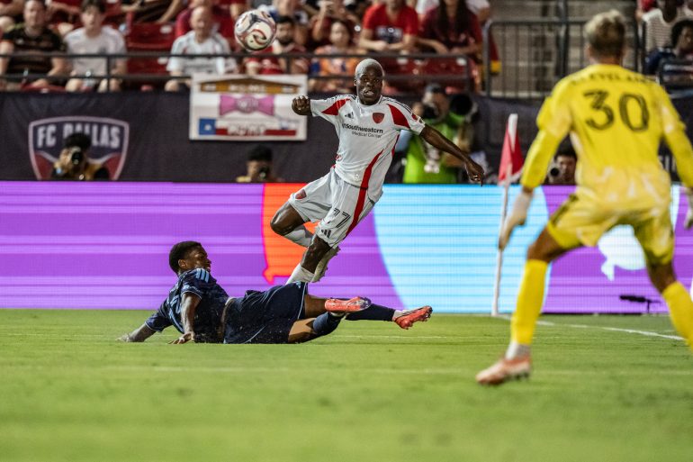 Bernie Kamungo (77) of FC Dallas floats a cross against Sporting KC, September 5, 2026. (Mike Brooks, 3rd Degree)