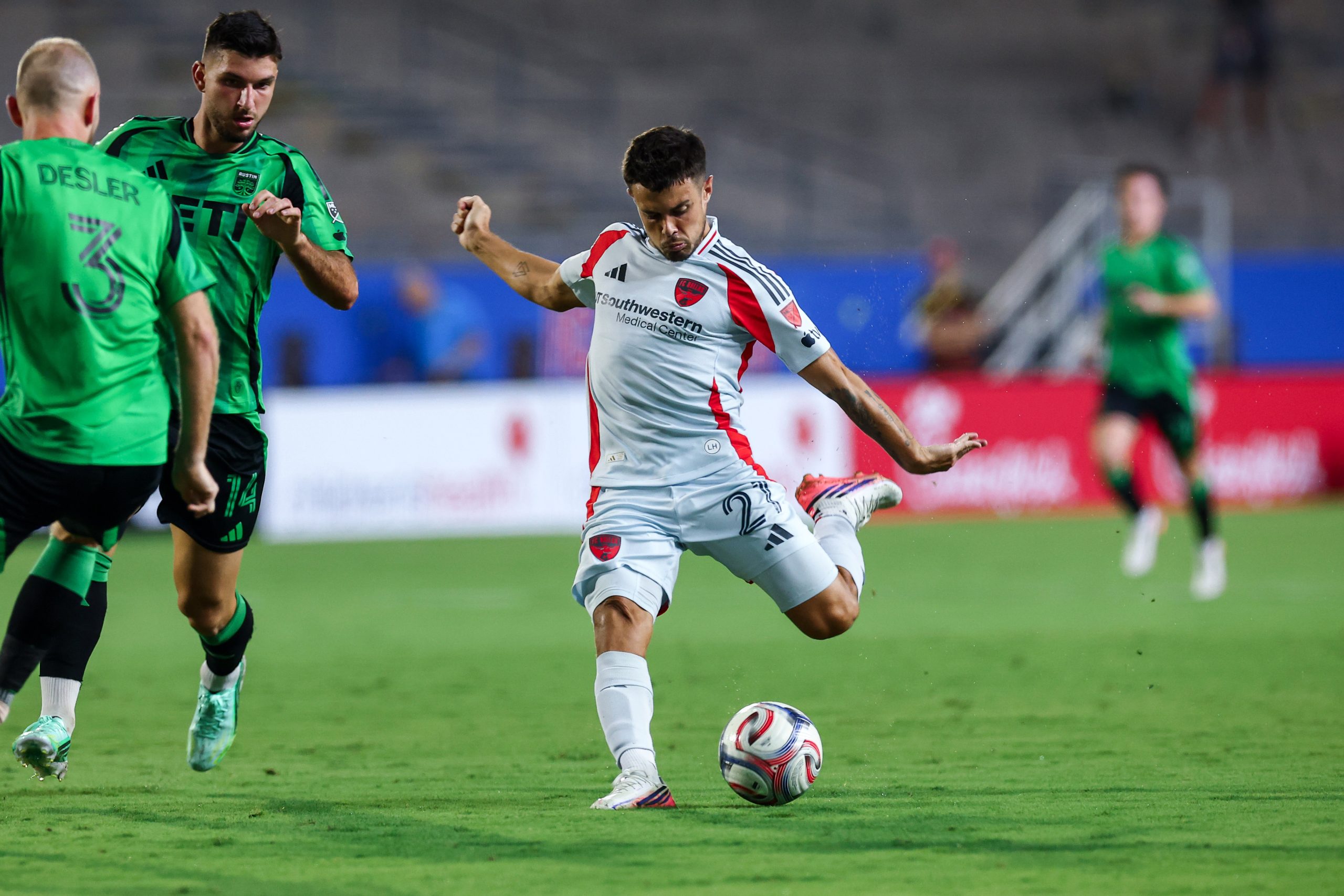 Joaquín Valiente (21) pulls the trigger on a shot. FC Dallas vs Austin FC, Sept 19, 2026. (Matt Visinsky, 3rd Degree)