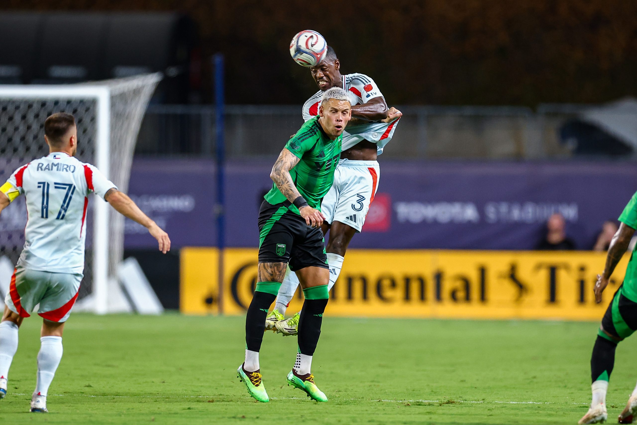 Osaze Urhoghide (3) wins the header battle. FC Dallas vs Austin FC, Sept 19, 2026. (Matt Visinsky, 3rd Degree)