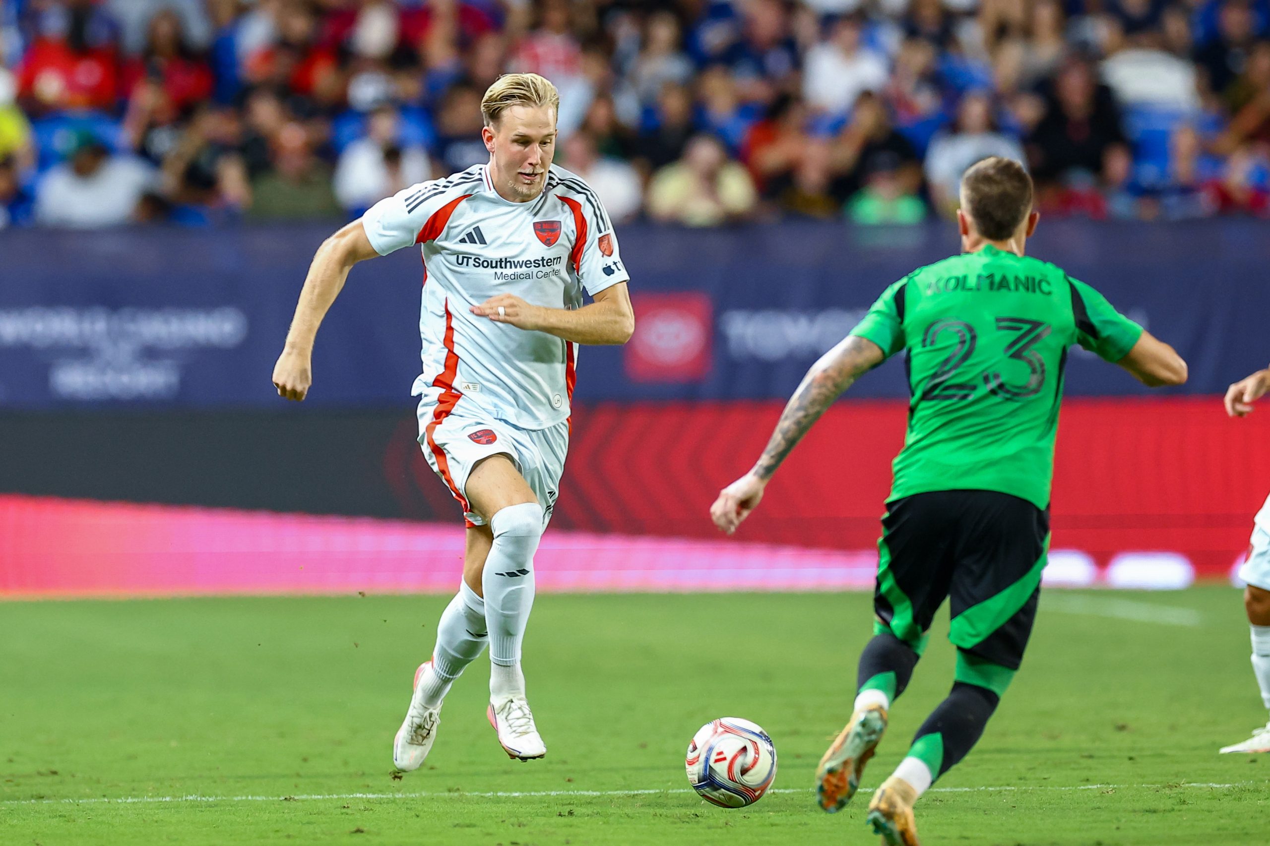 Herman Johansson (14) races for the ball. FC Dallas vs Austin FC, Sept 19, 2026. (Matt Visinsky, 3rd Degree)