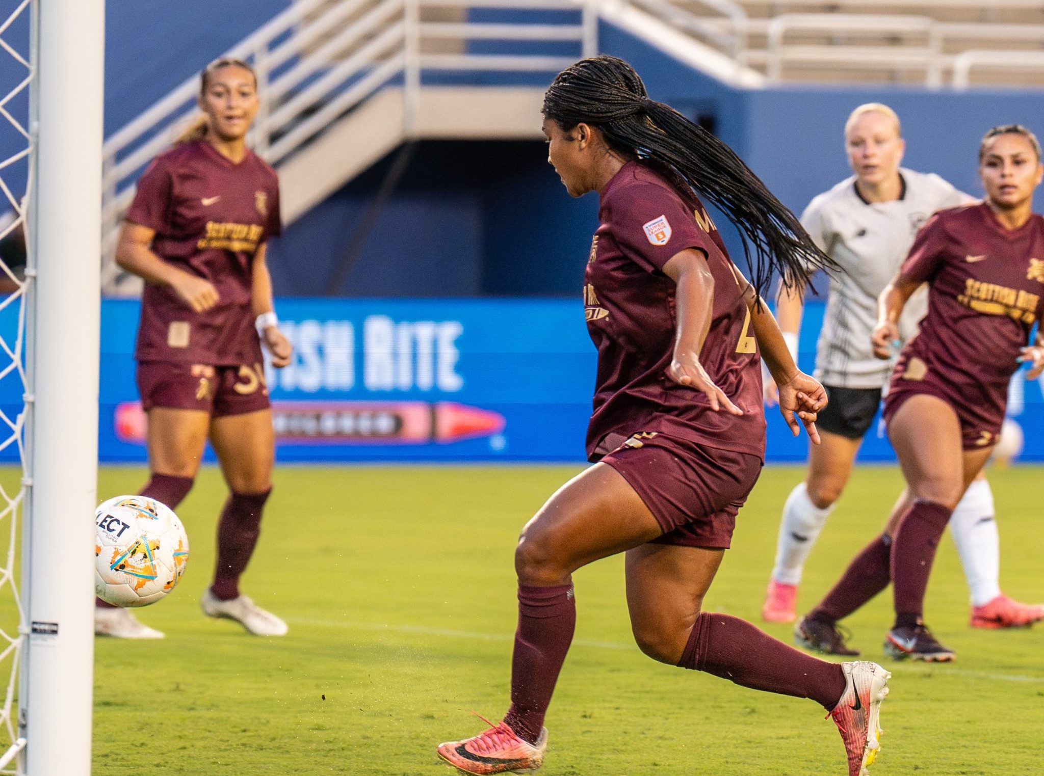 Onyeka Gamero scores her first goal of her professional career - Brooklyn FC at Dallas Trinity (Sept. 5 2026, Photo: Christian Luna Courtesy: Dallas Trinity FC)