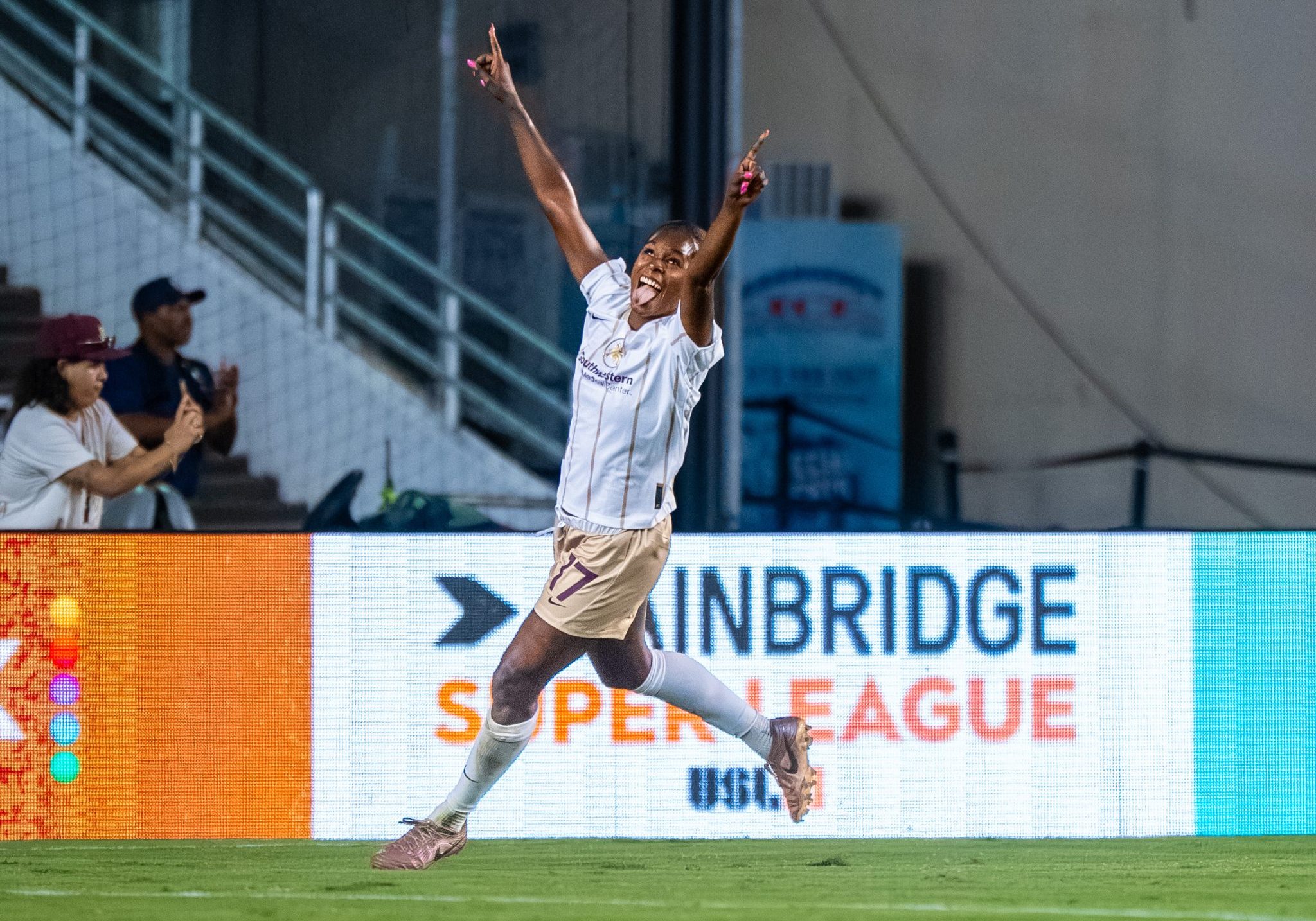 Jasmine Hamid celebrates her third goal of the season - DC Power vs Dallas Trinity (Sept. 13, 2026 Photo: Christian Luna Courtesy: Dallas Trinity FC)