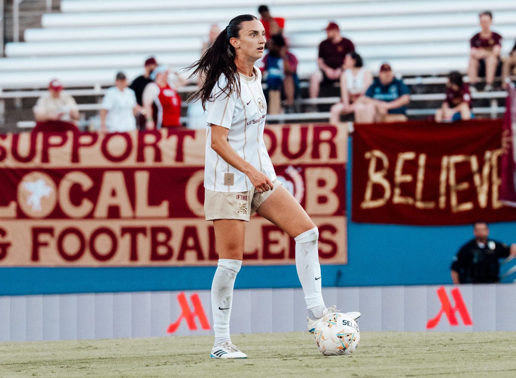 Capitan Sophia Braun on the ball - DC Power vs Dallas Trinity (Sept. 13, 2026 Photo: Anna Dolmany Courtesy: Dallas Trinity FC)