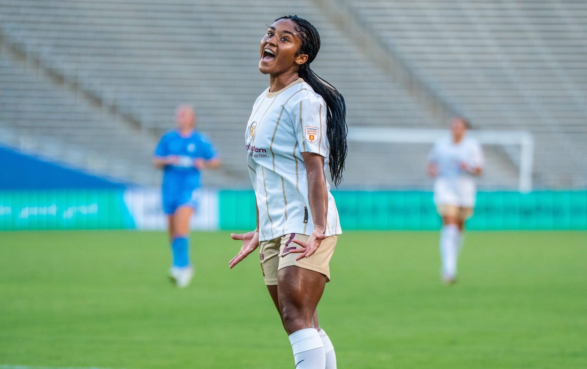 Onyeka Gamero celebrates her second goal of the season - DC Power vs Dallas Trinity (Sept. 13, 2026 Photo: Christian Luna Courtesy: Dallas Trinity FC)