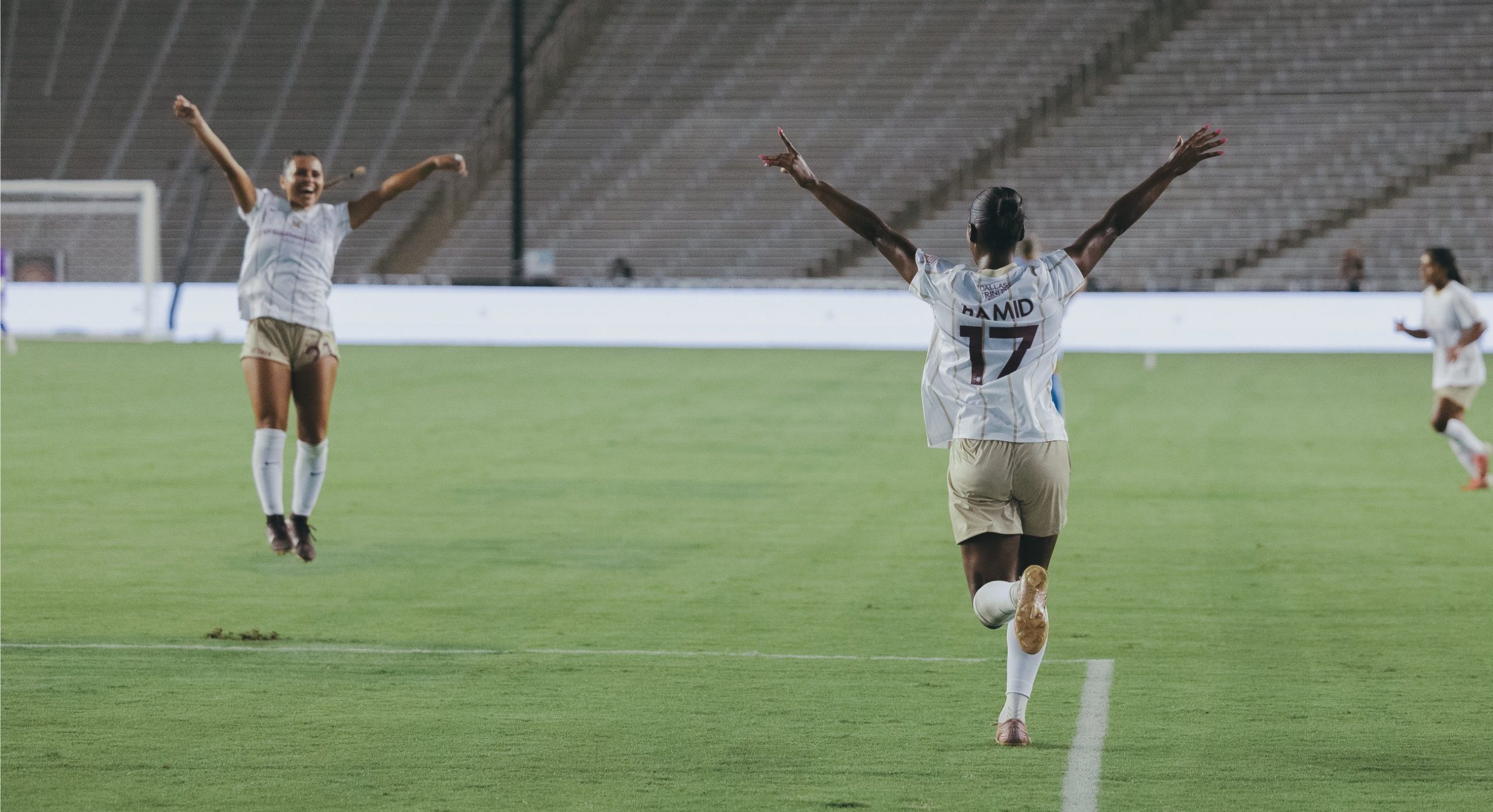 Jasmine Hamid (17) celebrates her goal with Camryn Lancaster (21) as Dallas Trinity takes on DC Power, September 13, 2026. (Beth Spicer, 3rd Degree)