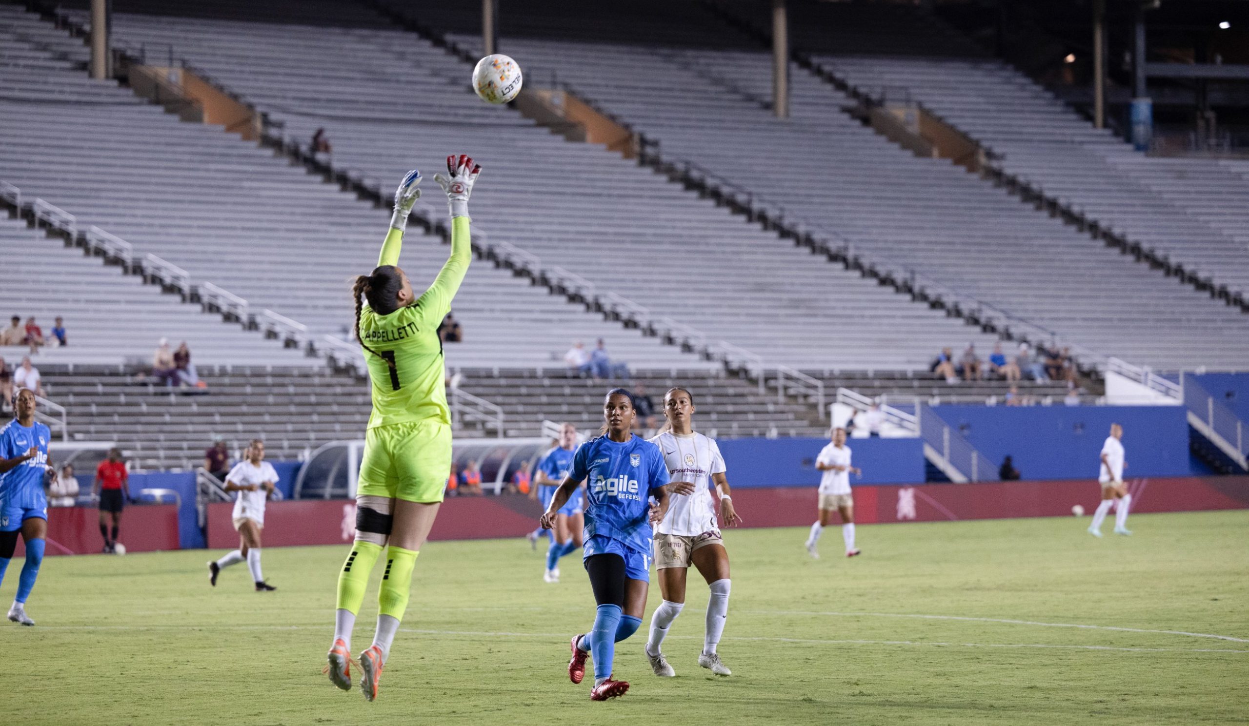 Katherine Cappelletti (1) of DC leaps to intercept a cross as Dallas Trinity takes on DC Power, September 13, 2026. (Beth Spicer, 3rd Degree)