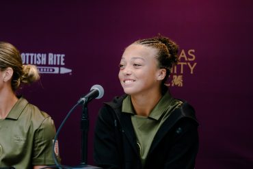 15-Year Old Kayia Brewer in her first post-game press conference following The State Fair Clasico (Oct. 17, 2026 Photo: Samuel Kolade, Courtesy: Dallas Trinity FC)