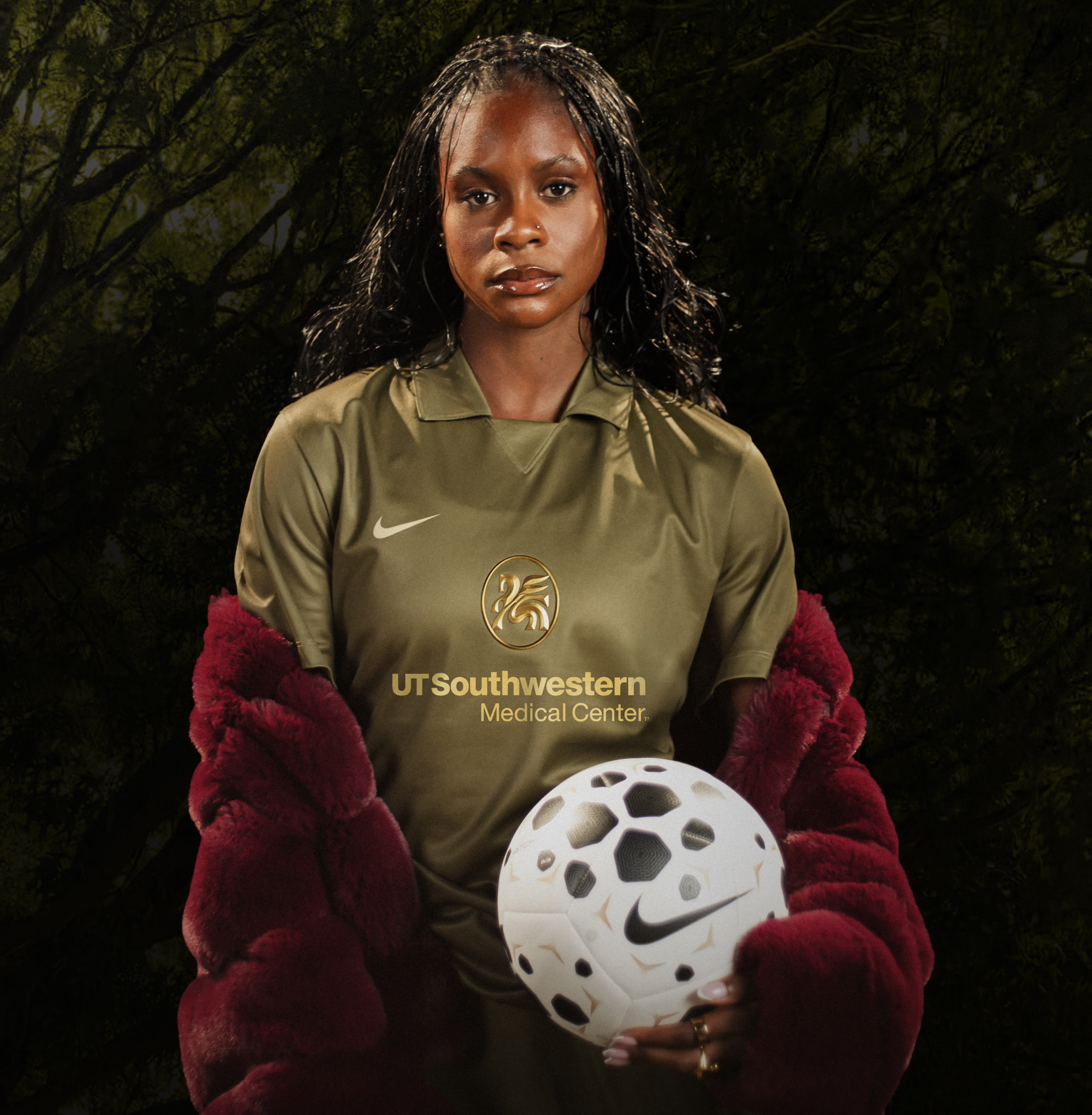 Jasmine Hamid wears the Dallas Trinity Live Oak Kit, a special-edition jersey for the 2026 State Fair Clásico against Chivas Femenil on Saturday, Oct. 17, at the Cotton Bowl. (Courtesy Dallas Trinity)