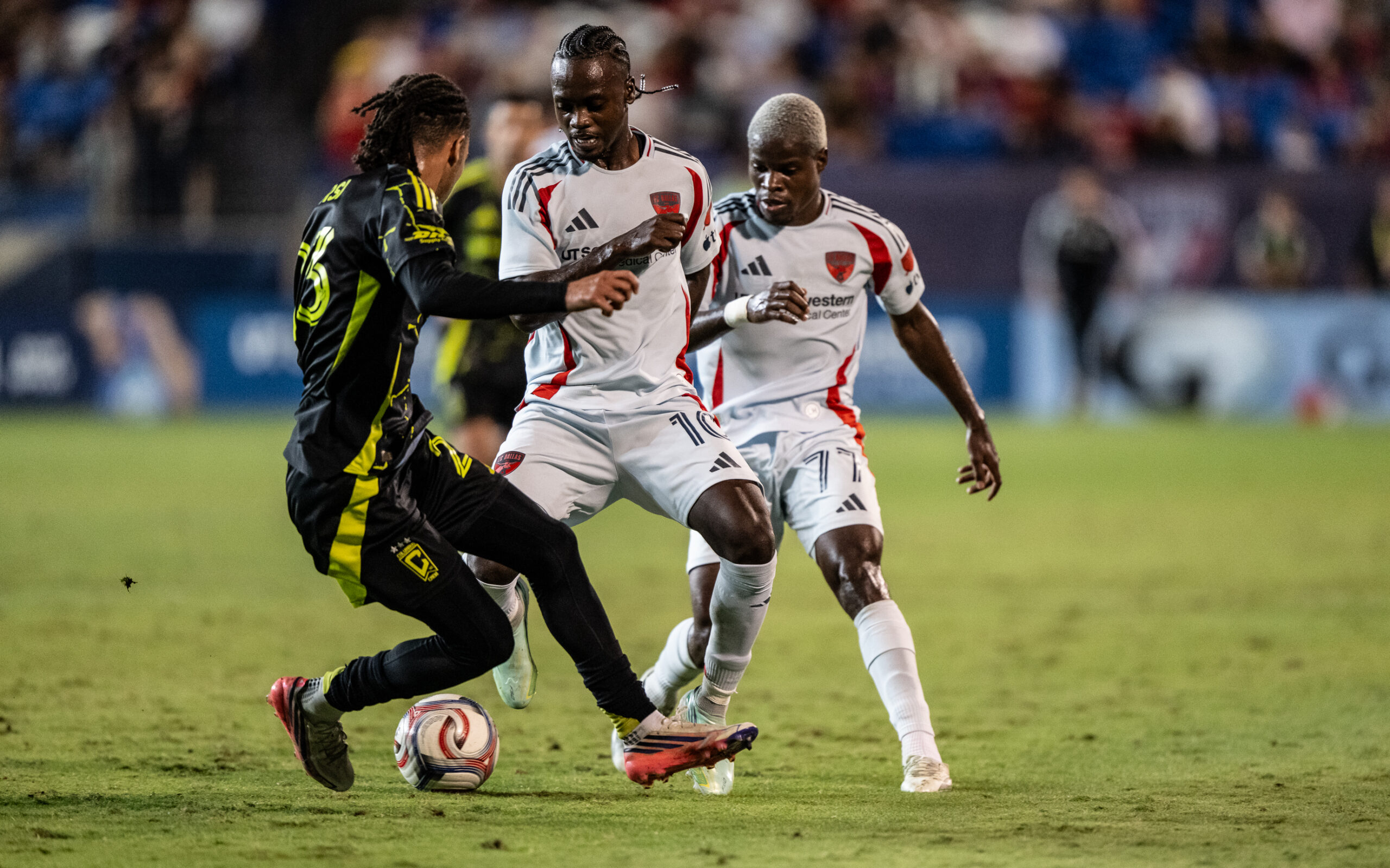 Santiago Moreno (10) cuts back with Bernie Kamungo (77) in support, FC Dallas vs Columbus Crew, October 28, 2026. (Mike Brooks, 3rd Degree)