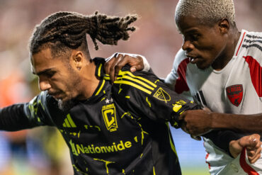Bernie Kamungo (77) presses a defender, FC Dallas vs Columbus Crew, October 28, 2026. (Mike Brooks, 3rd Degree)