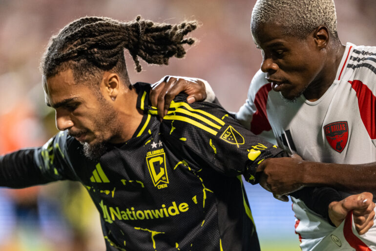 Bernie Kamungo (77) presses a defender, FC Dallas vs Columbus Crew, October 28, 2026. (Mike Brooks, 3rd Degree)