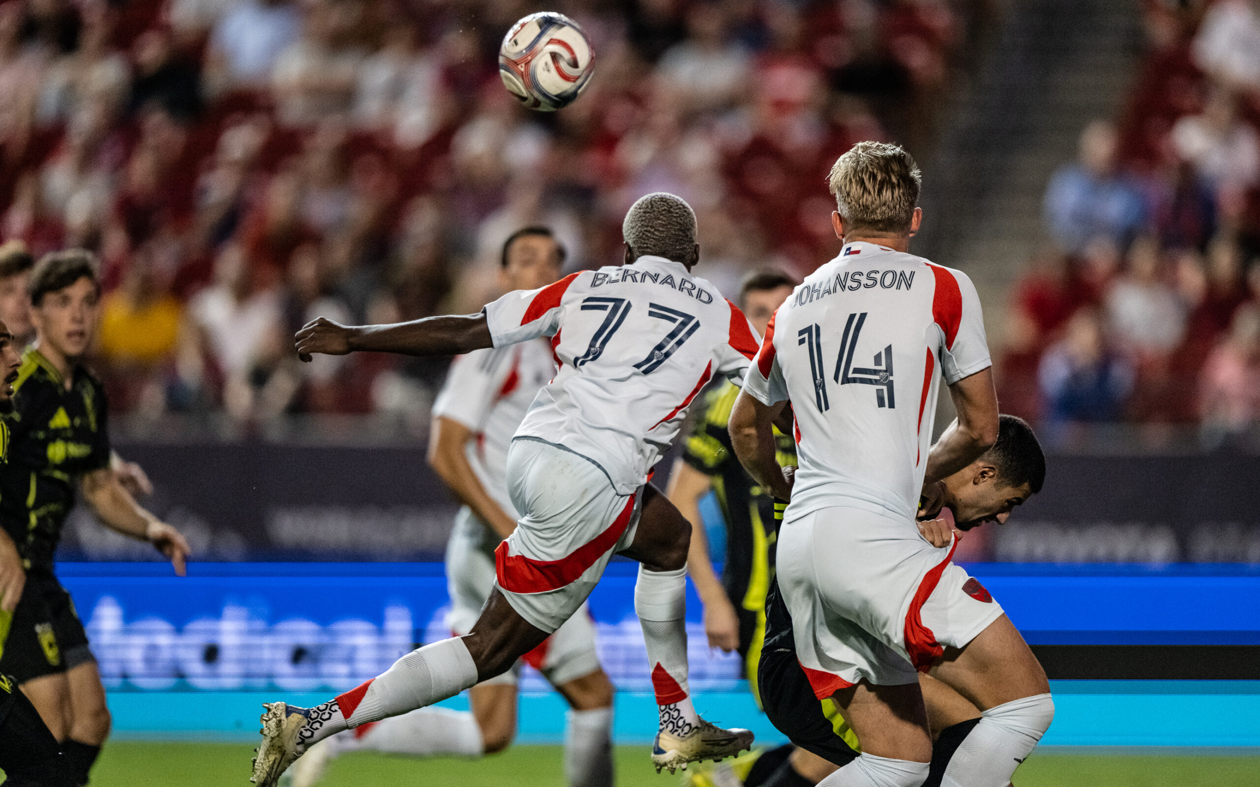 Bernie Kamungo (77) lines up a cross for a header, FC Dallas vs Columbus Crew, October 28, 2026. (Mike Brooks, 3rd Degree)
