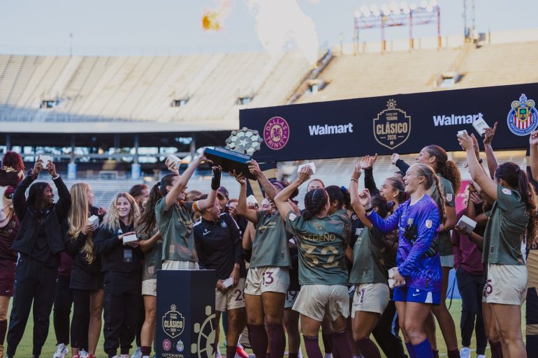 Dallas Trinity lifts the 2026 State Fair Clásico trophy after beating Chivas Femenil 3-2, October 17. 2026. (Beth Spicer, 3rd Degree)