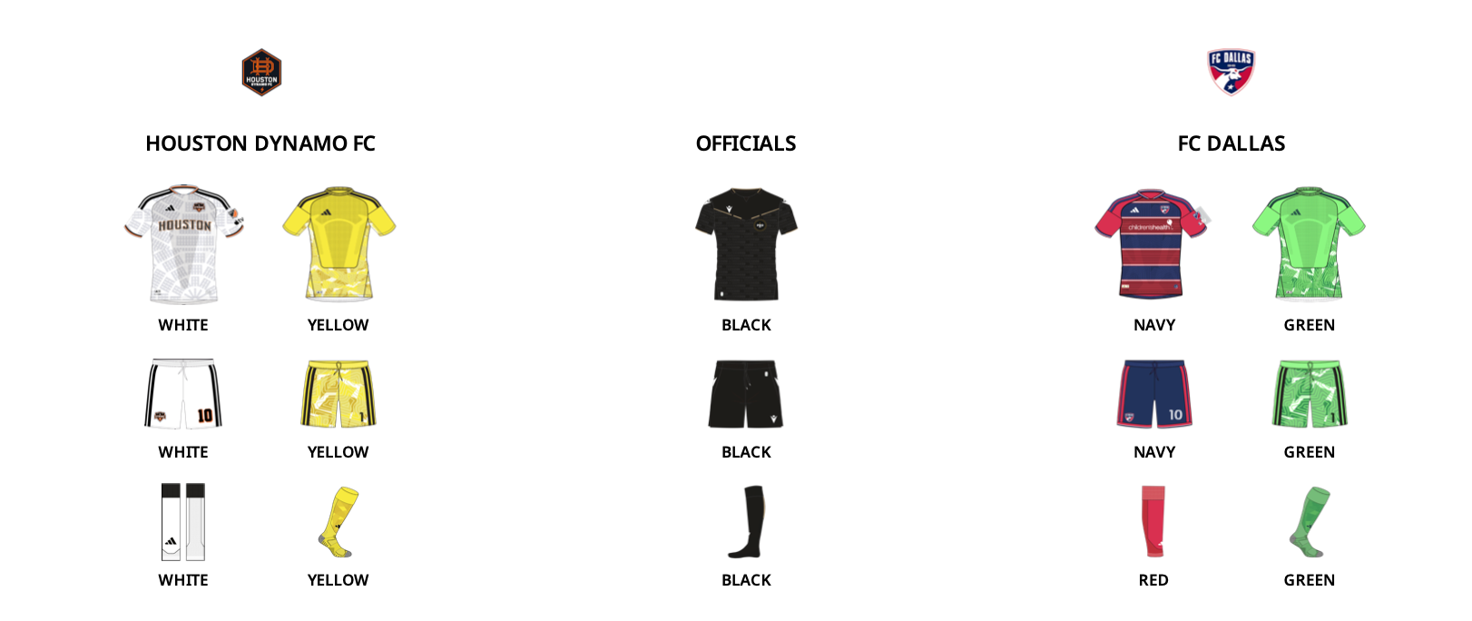 MLS kit assignments for FC Dallas at Houston Dynamo, October 17, 2026. (Courtesy MLS)