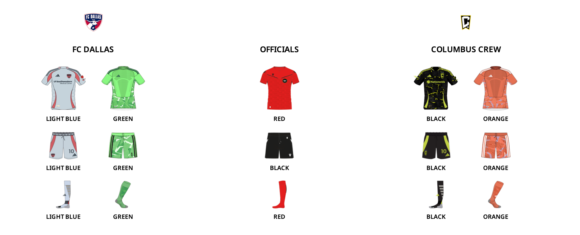 MLS kit assignments for FC Dallas vs Columbus Crew, October 28, 2026. (Courtesy MLS)